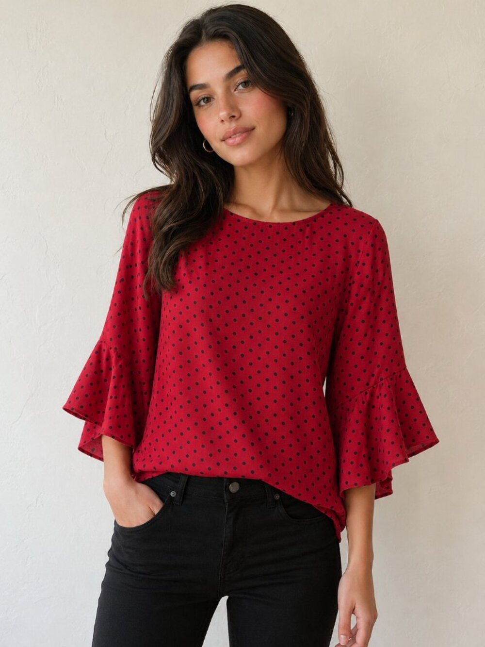 Black Label by Evan Picone Red Polka Dot Blouse with Bell Sleeve Size M